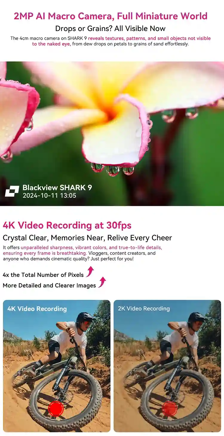 هاتف Blackview SHARK 9 5G مواصفات مذهلة و سعر لا يصدق 8 Blackview Sharek 9 5G كاميرا AI Macro بدقة 2 ميجابكسل عالم مصغر كامل حيث كل شيئ مرئي مع تسجيل فيديو بدقة 4k بمعدل 30 اطار في الثانية