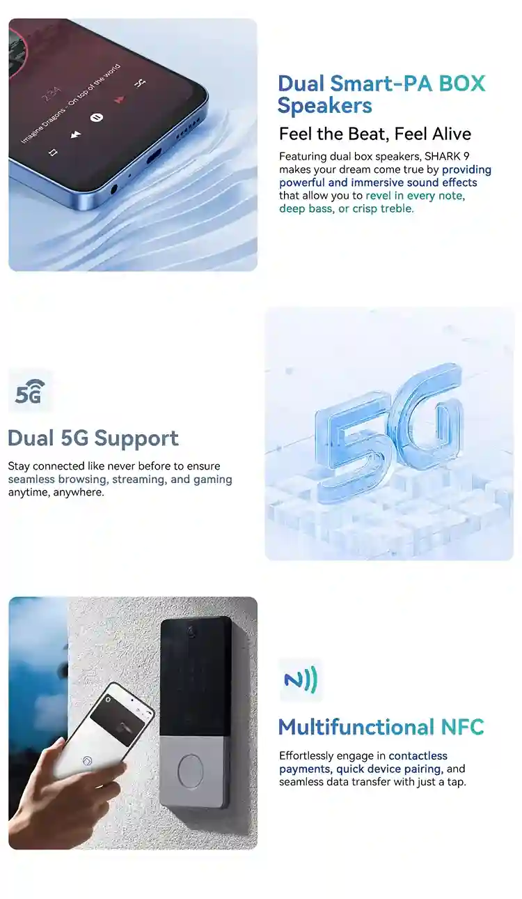 هاتف Blackview SHARK 9 5G مواصفات مذهلة و سعر لا يصدق 16 Blackview Sharek 9 5G مكبرات صوت مزدوجة مع توفير مؤثرات بالاستمتاع بكل نغمة او صوت جهير او صوت ثلاثي واضح