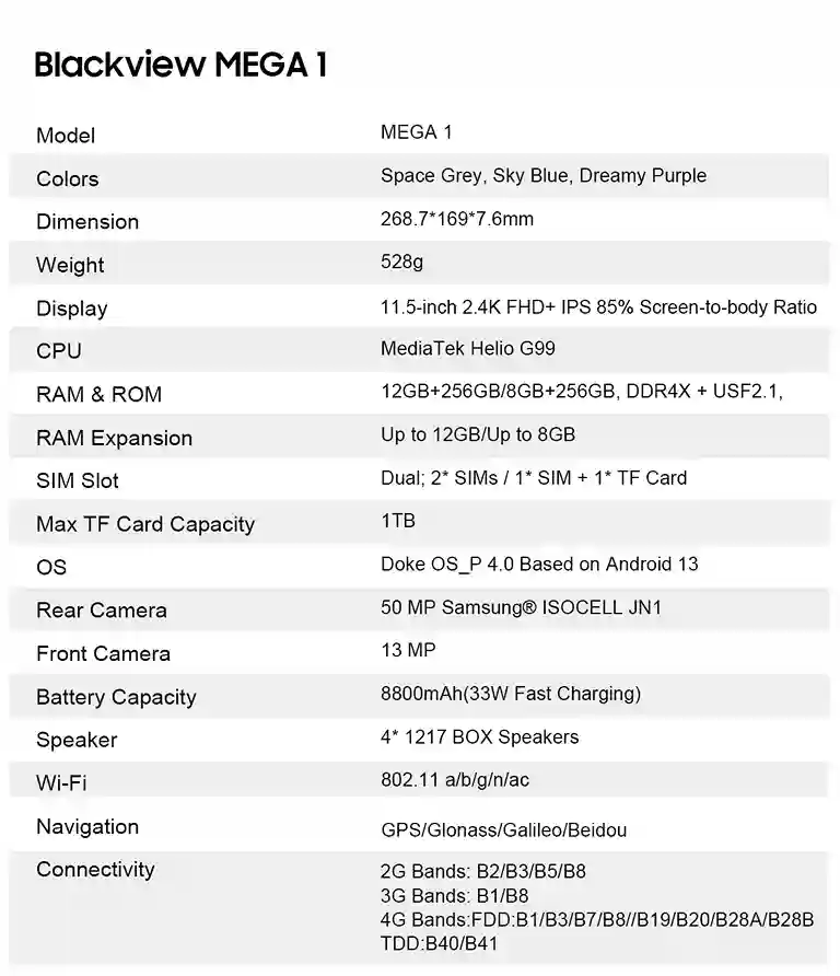 هاتف Blackview SHARK 9 5G مواصفات مذهلة و سعر لا يصدق 24 المواصفات التقنية تابلات Blackview MEGA 1 11.5 inch