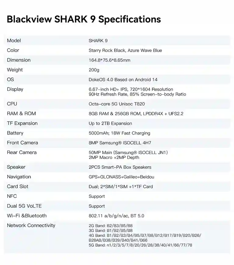 هاتف Blackview SHARK 9 5G مواصفات مذهلة و سعر لا يصدق 19 المواصفات التقنية لهاتف Blackview Sharek 9 5G