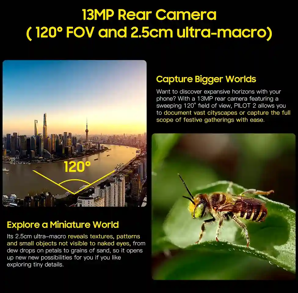 OSCAL PILOT 2 كاميرا خلفية بدقة 13 ميجابكسل مع مجال رؤية 120 درجة و تقريب فائق الوضوح