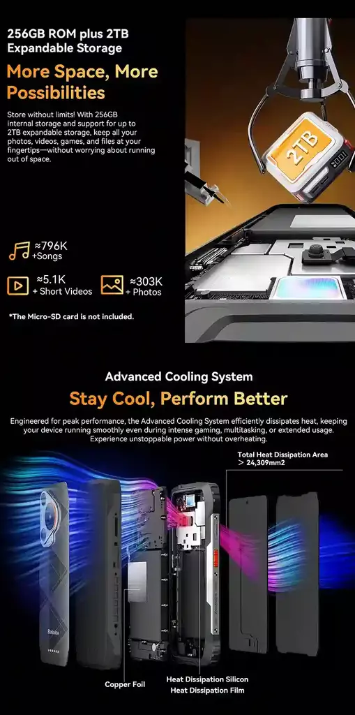 BLACKVIEW BL7000 5G مساحة تخزين هائلة ونظام تبريد متطور لأداء مستقر وموثوق BLACKVIEW BL7000 5G مساحة تخزين هائلة ونظام تبريد متطور لأداء مستقر وموثوق