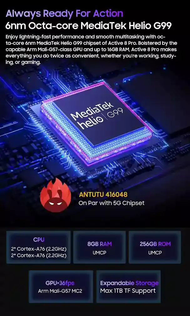 Blackview Active 8 Pro قوة معالج Helio G99 وذاكرة RAM بسعة 16 جيجابايت لتلبية جميع احتياجاتك Blackview Active 8 Pro قوة معالج Helio G99 وذاكرة RAM بسعة 16 جيجابايت لتلبية جميع احتياجاتك