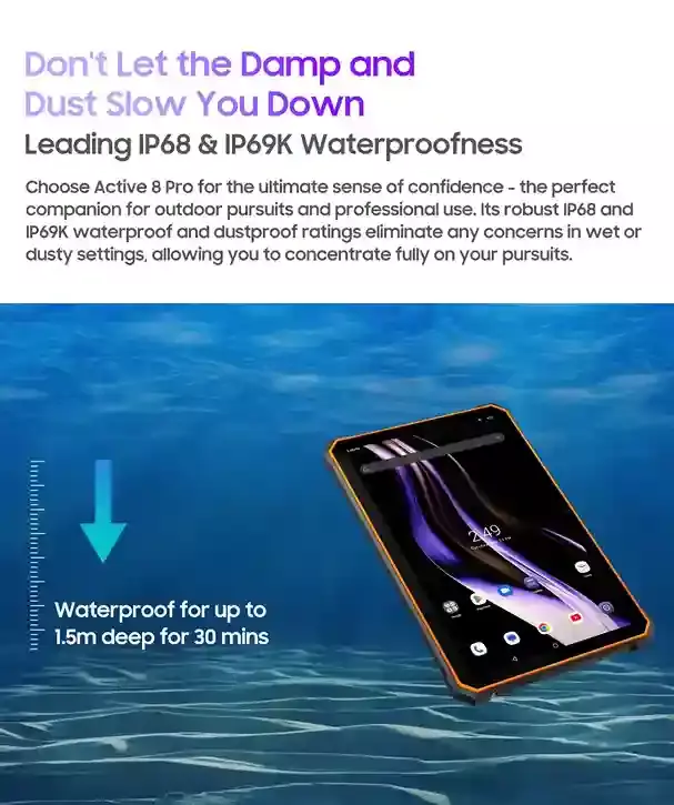 Blackview Active 8 Pro يتحمل الغمر في الماء حتى عمق 1.5 متر لمدة 30 دقيقة Blackview Active 8 Pro يتحمل الغمر في الماء حتى عمق 1.5 متر لمدة 30 دقيقة