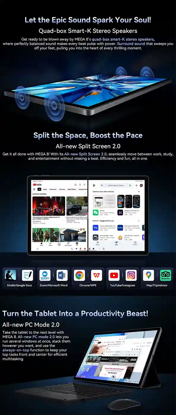 Blackview MEGA 8 صوت ستيريو رباعي يغمر حواسك ووضع PC يحول جهازك إلى مركز إنتاجية