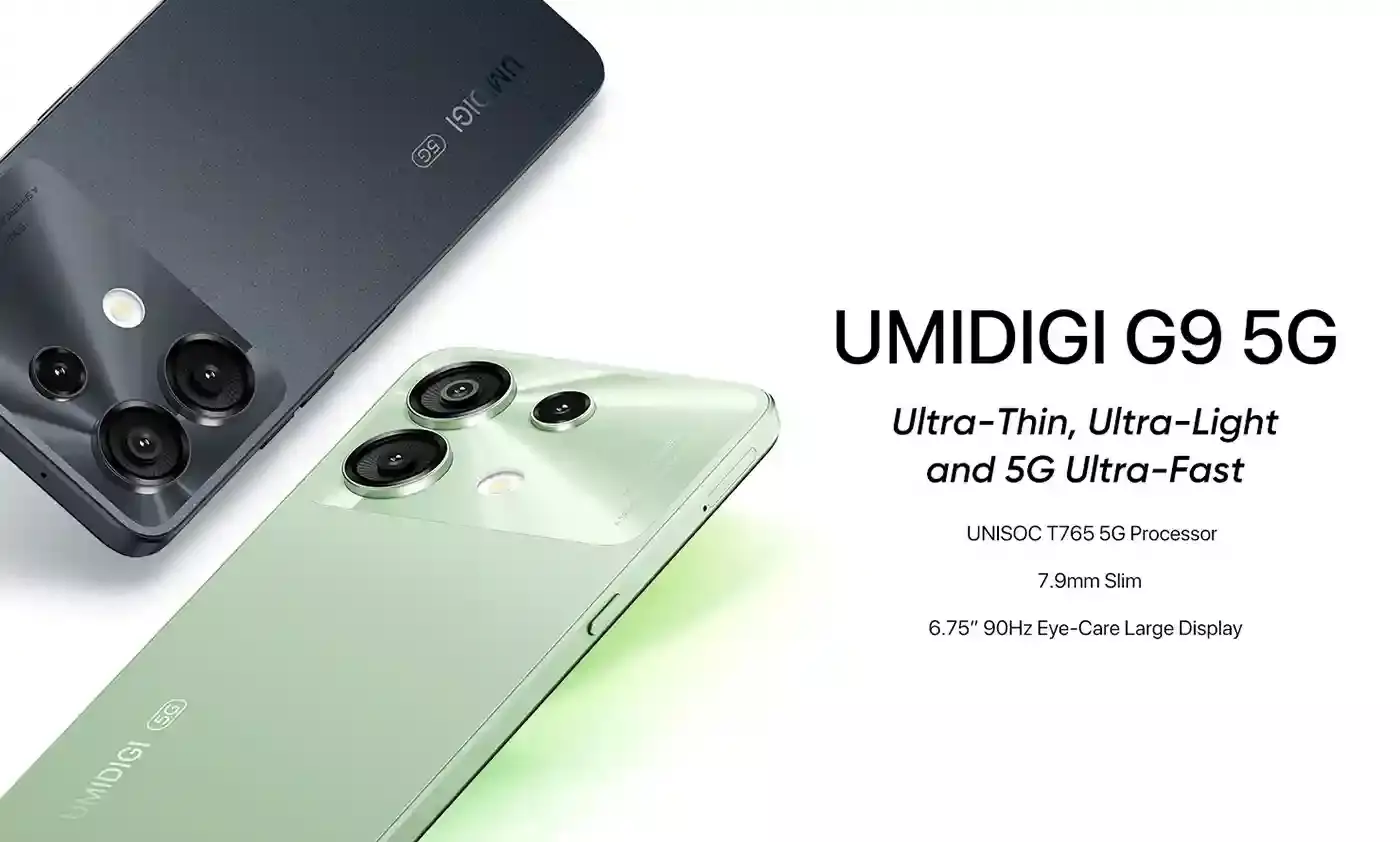 UMIDIGI G9 5G باللونين الأسود والأخضر، يعرض تصميمًا رفيعًا ومواصفات رئيسية مثل معالج Unisoc T765 وشاشة 90Hz بحجم 6.75 بوصة