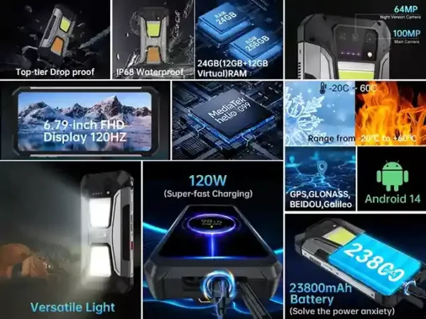 صورة مجمعة لميزات هاتف Unihertz Tank 2 Pro، تظهر مقاومة السقوط والماء IP68، ذاكرة 24GB RAM، كاميرا رئيسية 100MP ورؤية ليلية 64MP، شاشة 6.79 بوصة 120Hz، معالج Helio G99، مقاومة لدرجات الحرارة القصوى، إضاءة متعددة الاستخدامات، شحن 120W فائق السرعة، نظام تحديد المواقع الشامل، بطارية 23800mAh، ونظام تشغيل Android 14.