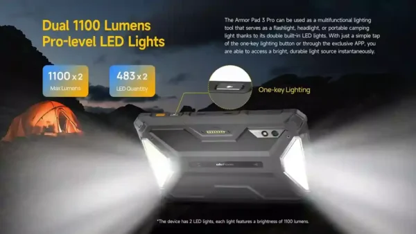 تابلت Ulefone Armor Pad 3 Pro يضيء أضواء LED مزدوجة بقوة 1100 لومن لكل منها