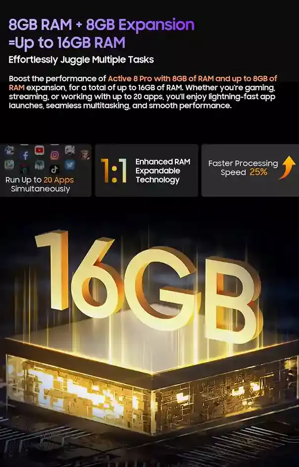 سرعة فائقة وأداء معزز مع ذاكرة RAM قابلة للتوسيع في Blackview Active 8 Pro سرعة فائقة وأداء معزز مع ذاكرة RAM قابلة للتوسيع في Blackview Active 8 Pro