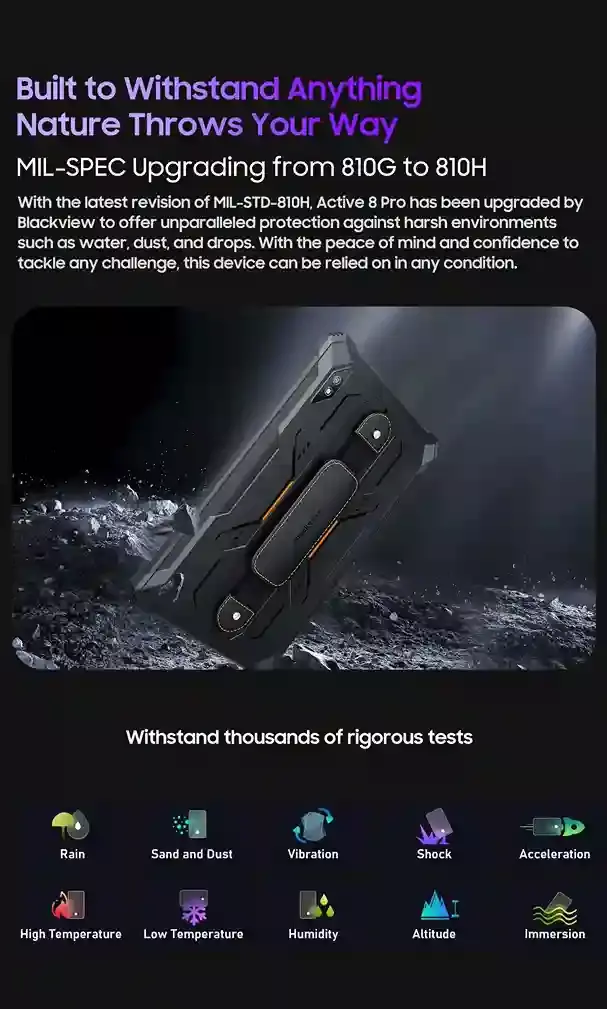 قوة التحمل بمعايير MIL-STD-810H Blackview Active 8 Pro قوة التحمل بمعايير MIL-STD-810H Blackview Active 8 Pro