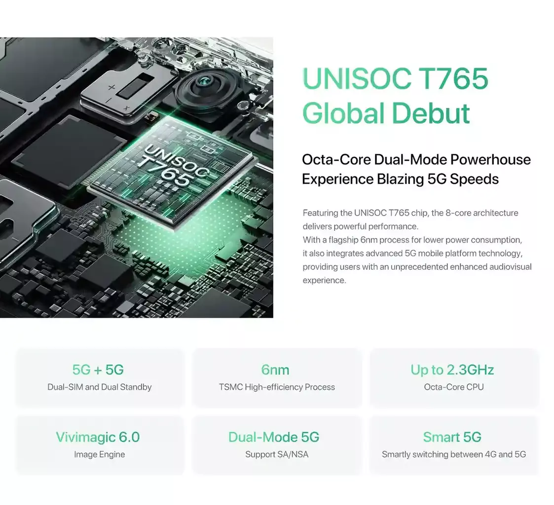 معالج Unisoc T765 قوة الأداء وسرعة 5G فائقة في UMIDIGI G9 5G معالج Unisoc T765 قوة الأداء وسرعة 5G فائقة في UMIDIGI G9 5G