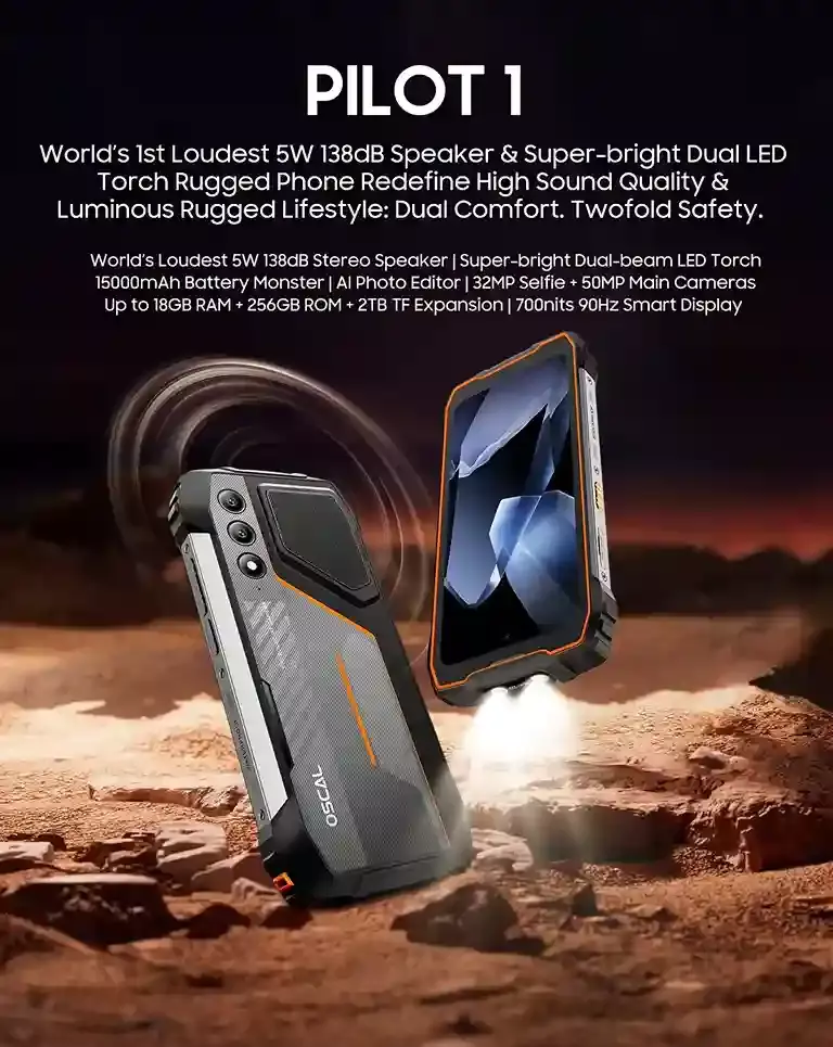 هاتف Blackview Oscal Pilot 1 بتصميمه المتين، ومكبر الصوت القوي بقدرة 5 واط و 138 ديسيبل، ومصباح LED مزدوج فائق السطوع