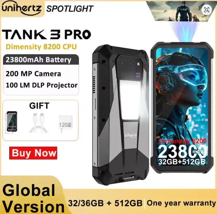هاتف Unihertz Tank 3 Pro يجمع بين بطارية 23800 بالإضافة إلى بروجيكتور مدمج بقوة 100 لومن
