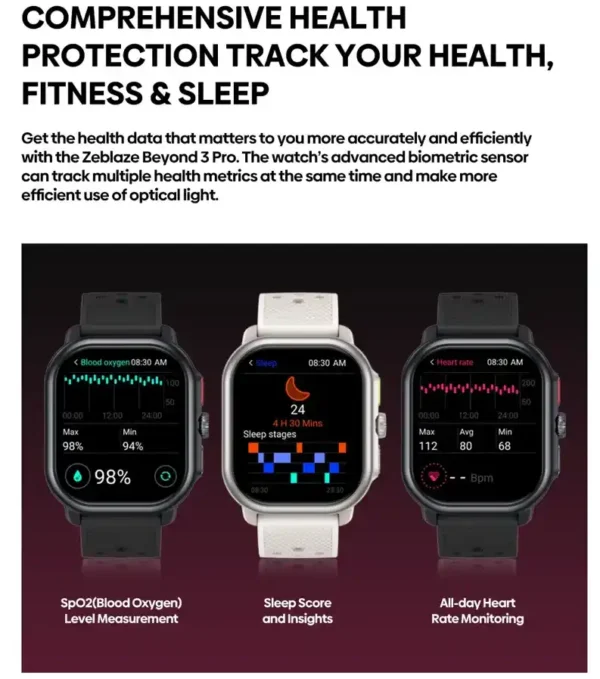 Zeblaze Beyond 3 Pro مراقبة فورية للأكسجين في الدم، النوم، ومعدل ضربات القلب