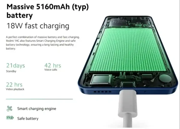 Redmi 14C بطارية قوية 5160 مللي أمبير وشحن 18 واط
