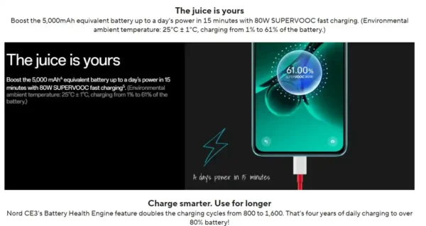 بطارية 5,000mAh وشحن آمن 80 واط SUPERVOOC في هاتف OnePlus Nord CE 3